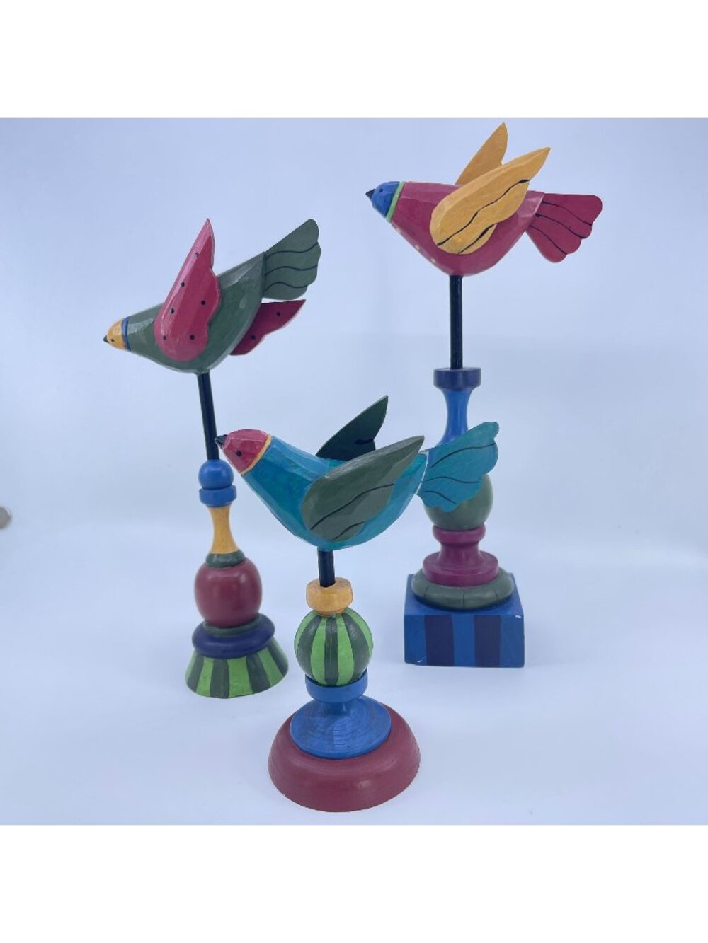vintage wooden bird figurines on stands set of 3 multicolor folk art decor